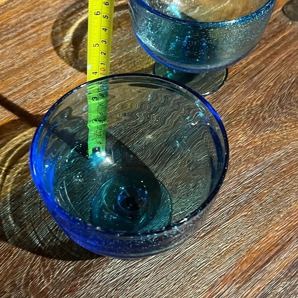 Set of 2 VTG Cobalt Blue Hand Blown Footed Bubble Glass Dessert Bowls Art Glass